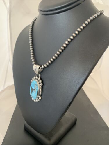 Men's Navajo Pearls Necklace with Blue Kingman Turquoise Pendant | Sterling Silver | Authentic Native American Handmade | 00841