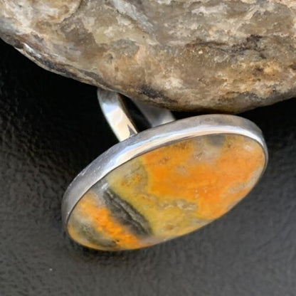 Navajo Bumble Bee Jasper Ring | Sterling Silver | Sz 8 Adjustable | Authentic Native American Handmade | 11542