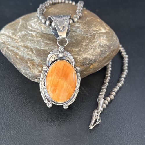 Navajo Pearls Necklace with Orange Spiny Oyster Pendant | Sterling Silver | Authentic Native American Handmade | 14720