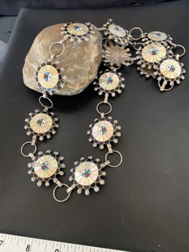 Zuni Old Pawn Sun Face Inlay Concho Belt | Sterling Silver | Native American Handmade | 40" | 12109