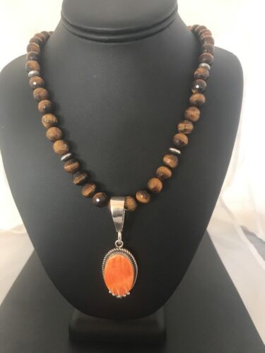 Navajo Spiny Oyster Pendant with Tigers Eye | Sterling Silver Necklace | Authentic Native American Handmade | 3652