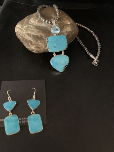 Navajo Blue Topaz Turquoise Necklace Earrings Set | Sterling Silver | 3" Pendant | Authentic Native American Handmade | 14098