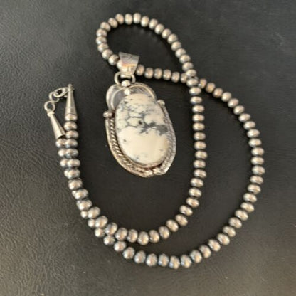 White Buffalo Turquoise Pendant Necklace | Sterling Silver | Navajo | Authentic Native American Handmade | 14052