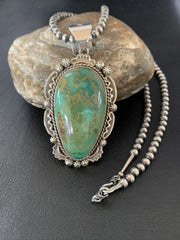 Navajo Green Royston Turquoise Pendant Necklace | Sterling Silver | Authentic Native American Handmade | 10238