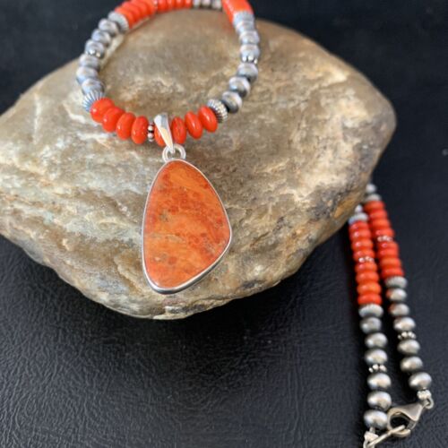 Native American Navajo Red Apple Coral Pendant Necklace | Sterling Silver Naja | 13944