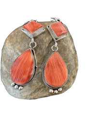 Navajo Red Spiny Oyster Dangle Earrings | Sterling Silver | Authentic Native American Handmade | 203