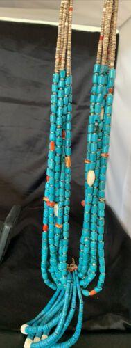 Southwestern Santo Domingo Coral Spiny Blue Turquoise Jacla Necklace | 32" | Native American Handmade | 12047