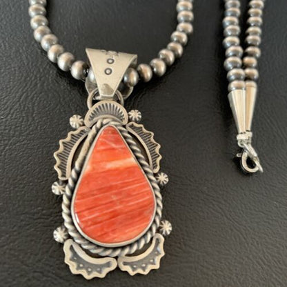 Navajo Red Spiny Oyster Pendant | Sterling Silver | 2" | Authentic Native American Handmade | 13320