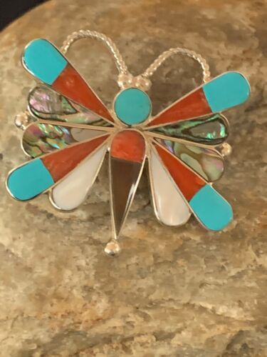 Zuni Butterfly Pin Pendant | Turquoise & Mother of Pearl | Sterling Silver | Authentic Native American Handmade | 4695 - Masha USA