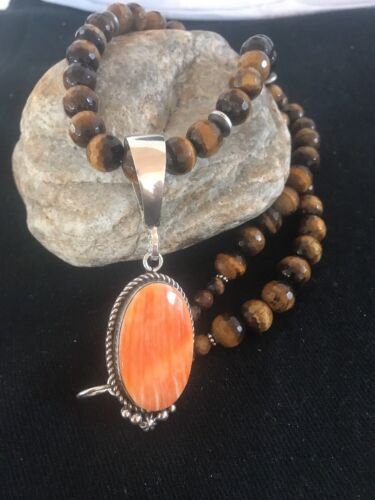 Navajo Spiny Oyster Pendant with Tigers Eye | Sterling Silver Necklace | Authentic Native American Handmade | 3652