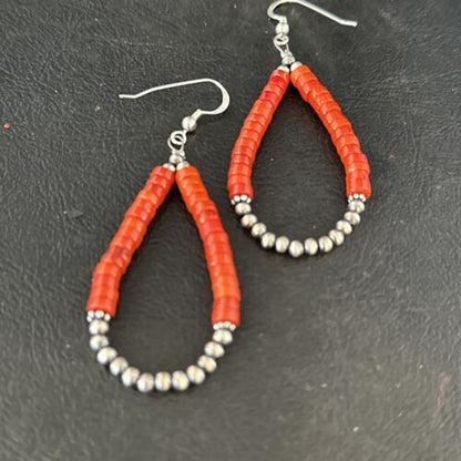 Southwestern Red Coral Dangle Earrings | Sterling Silver Heishi Bead | 2" | 14426