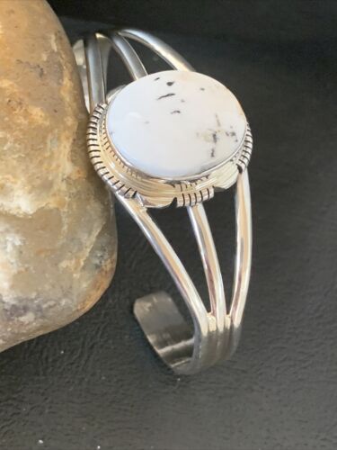 Navajo White Buffalo Turquoise Cuff Bracelet | Sterling Silver | Authentic Native American Handmade | 1388