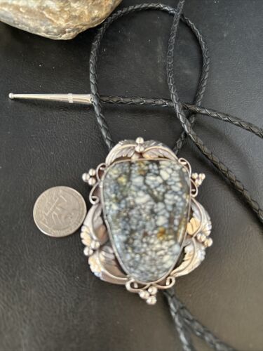 Men's Bolo Tie | White Buffalo Turquoise | Sterling Silver | Navajo | 3" | 14784