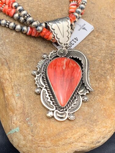Navajo Spiny Oyster Feather Pendant | 3-Strand Sterling Silver Necklace | Native American Handmade | 4130