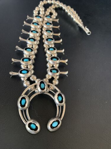 Navajo Kingman Turquoise Shadowbox Squash Blossom Necklace | Sterling Silver | Authentic Native American Handmade | 13108