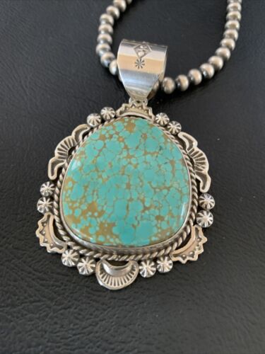 Navajo Blue #8 Turquoise Pendant Necklace | Sterling Silver | Authentic Native American Handmade | 10228