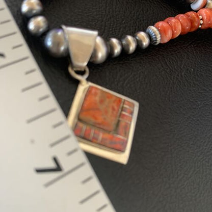 Navajo Red Spiny Oyster Opal Inlay Bead Necklace Pendant | Sterling Silver | Native American Handmade | 12722