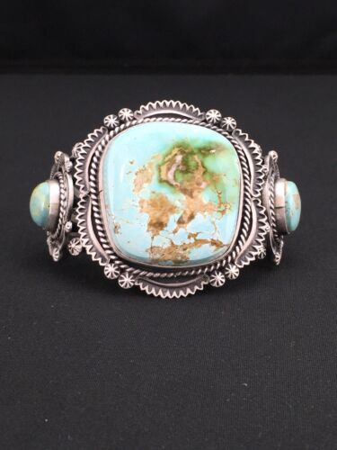 Men's Navajo Royston Turquoise Cuff Bracelet | Sterling Silver | 3 Stones | Authentic Native American Handmade | 1131