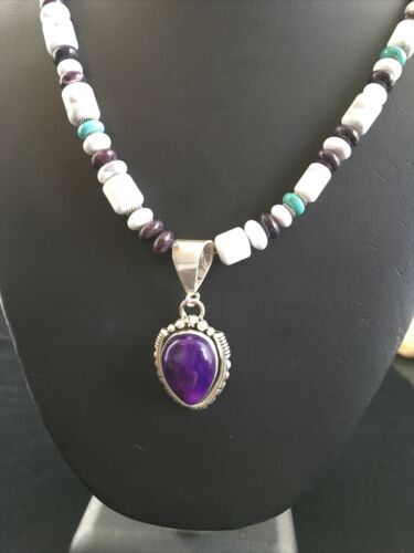 Navajo Purple Sugilite Turquoise Bead Necklace | Sterling Silver | 22" | Authentic Native American Handmade | 10029