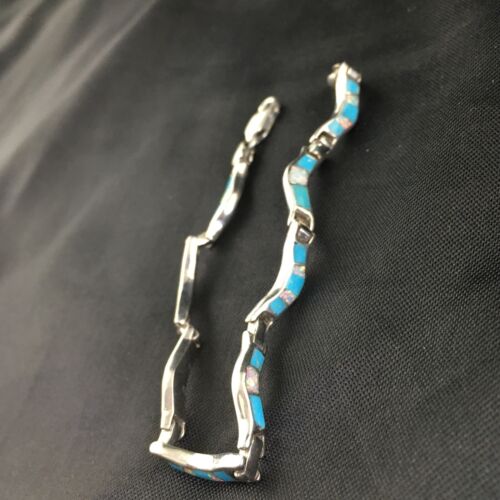 Women's Sterling Silver Turquoise Coral Inlay Link Bracelet | 6.75" | Authentic Native American Handmade | 2027