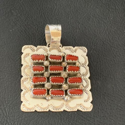 Navajo Red Coral and Multi-Stone Cluster Pendant | Authentic Native American Sterling Silver | 2" | 2100