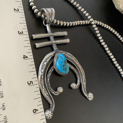 Navajo Kingman Turquoise Naja Pendant | Sterling Silver | Authentic Native American Handmade | 11518