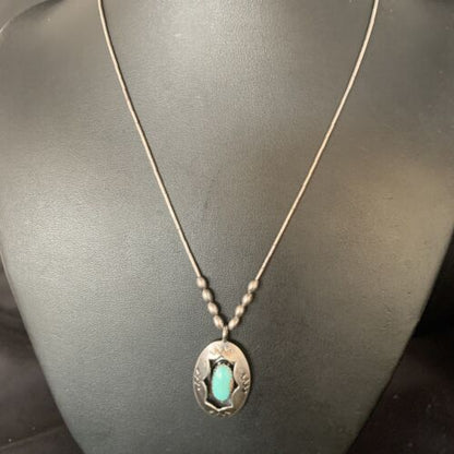 Navajo Blue Turquoise Shadowbox Pendant | Sterling Heishi Necklace | Authentic Native American Handmade | 13690
