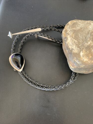 Native American Men's Bolo Tie | Sterling Silver Navajo Black Onyx | Handmade | 12148