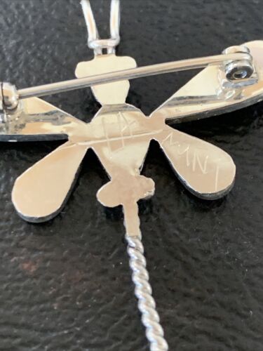 Zuni Turquoise Yellow Mother of Pearl Inlay Dragonfly Necklace Pin Pendant | Sterling Silver | 12323