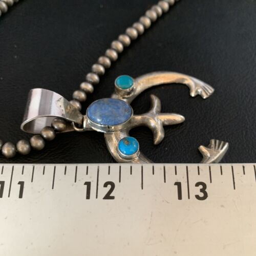 Navajo Sterling Silver Pendant Necklace | Denim Lapis & Turquoise | Authentic Native American Handmade | 13632