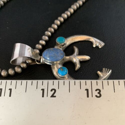 Navajo Sterling Silver Pendant Necklace | Denim Lapis & Turquoise | Authentic Native American Handmade | 13632