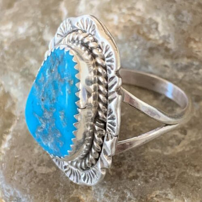 Navajo Blue Kingman Turquoise Ring | Sterling Silver | Sz 8.5 | Authentic Native American Handmade | 12961
