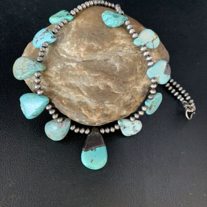 Navajo Pearls Blue Turquoise Teardrop Necklace | Sterling Silver | 20" | Authentic Native American Handmade | 13429