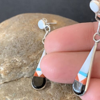 Old Pawn Zuni Multi-Color Turquoise Onyx Inlay Earrings | Sterling Silver | Authentic Native American Handmade | 2043