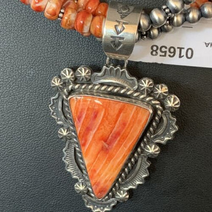Navajo Red Spiny Oyster Pendant | Sterling Silver | Native American Pearls Necklace | Multi-Strand | 1658
