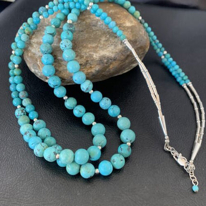 Navajo Blue Turquoise Bead Necklace | Sterling Silver | 25" | Authentic Native American Handmade | 11665 - Masha USA