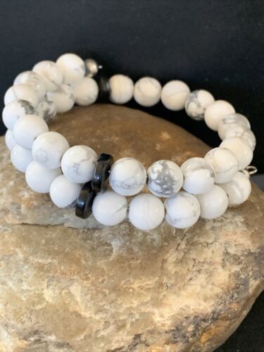 Navajo Memory Wire Bracelet | Stainless Steel | Howlite & Onyx Beads | Sterling Silver | 01956