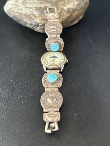 Old Pawn Women's Blue Turquoise Navajo Sterling Silver Watch Tips | Authentic Native American Jewelry | 14757