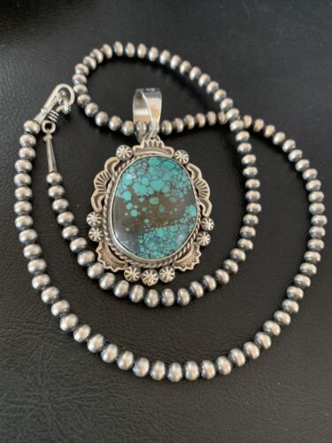 Men's Navajo Blue Spiderweb Turquoise Pendant Necklace | Sterling Silver | Authentic Native American Handmade | 10234