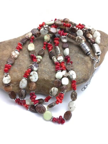 Navajo Sterling Silver Wild Horse Turquoise Coral Necklace | 3-Strand | Authentic Native American Handmade | 3097