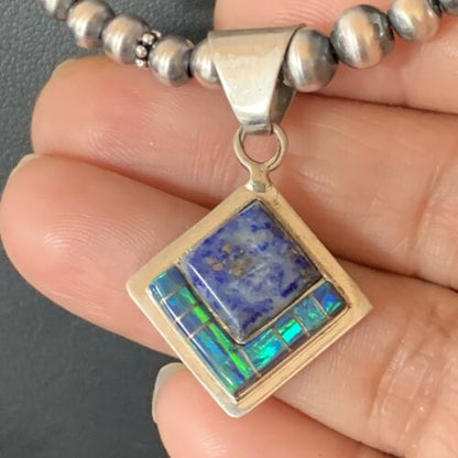 Navajo Men's Blue Lapis Turquoise Opal Inlay Pendant Necklace | Sterling Silver | 21" | 12604