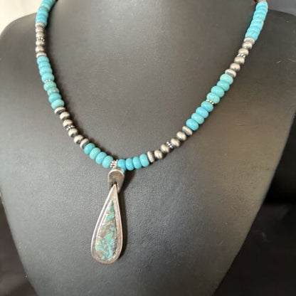 Navajo Blue Turquoise Pendant Necklace | Sterling Silver | 22" | Authentic Native American Handmade | 14603