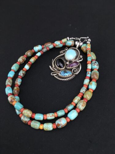 Navajo Turquoise and Spiny Oyster Multi-Stone Necklace | Authentic Native American Sterling Silver | 21" | 4885