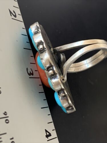 Navajo Blue Turquoise Coral Cluster Ring | Authentic Native American Sterling Silver | Multi-Stone | Sz 9.5 | 11507