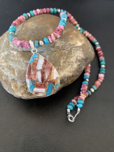 Navajo Pearl Necklace with Blue Turquoise & Purple Spiny Pendant | Sterling Silver | 11744