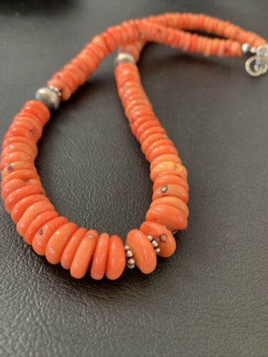 Native American Pink Coral Navajo Bead Necklace | Sterling Silver | 18" | 01951
