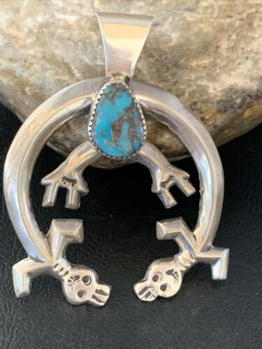Navajo Bisbee Turquoise Naja Pendant | Sterling Silver | Men's Native American Handmade Necklace | 13796