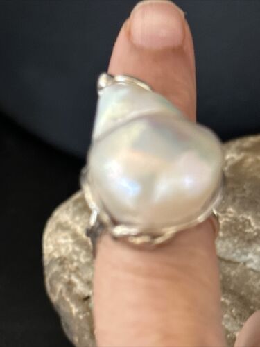 Native American Women's White Baroque Pearl Ring | Adjustable Sterling Silver | Sz 6 | 14264