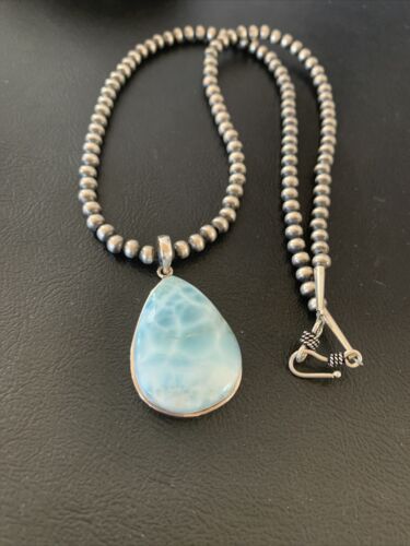 Navajo Blue Larimar Pendant Necklace | Sterling Silver Beads | Authentic Native American Handmade | 1765