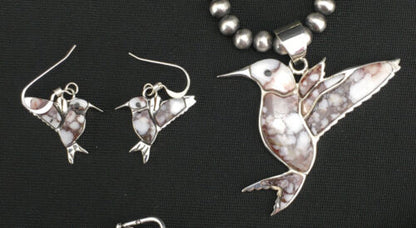 Navajo Sterling Silver Hummingbird Pendant & Earring Set | Wild Horse Turquoise | Authentic Native American Handmade | 1110